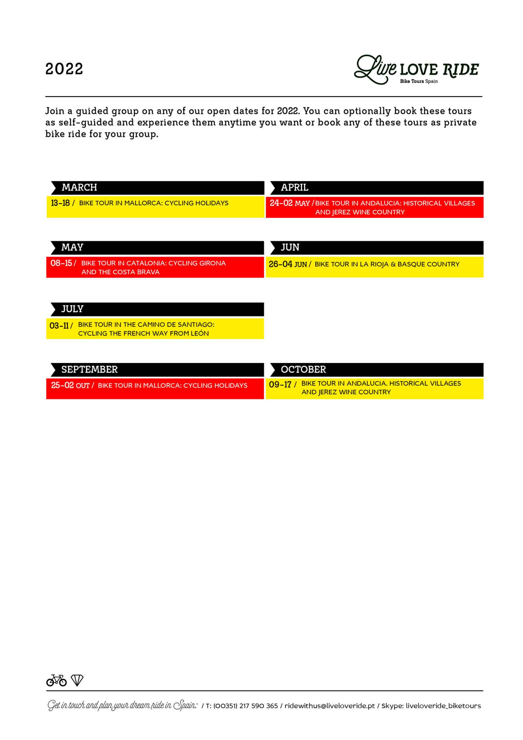 2022 calendar for group bike tours in spain