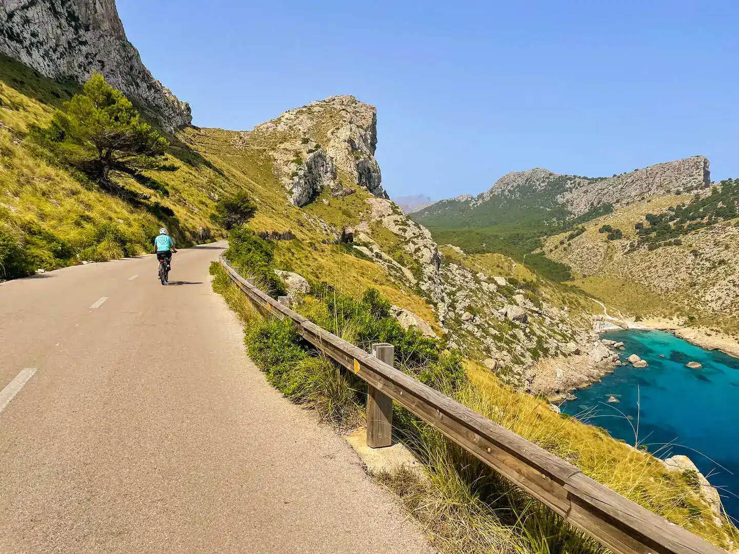 Cyclist riding an e-bike along a quiet vineyard road in La Rioja, Spain.